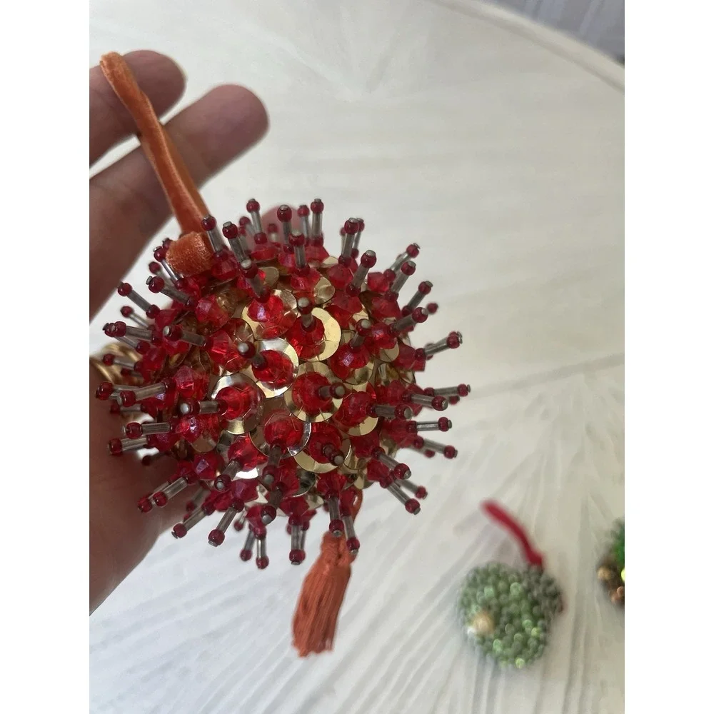 Vtg Holiday Handmade Beaded Sequined Christmas Ornaments Set  4 Tree Bells Ball